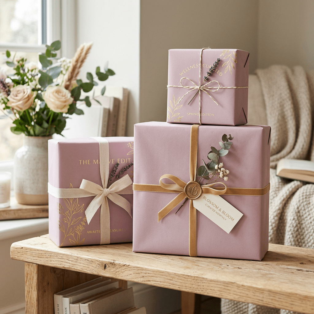 Three pink gift boxes with ribbons and dried flowers on wooden bench