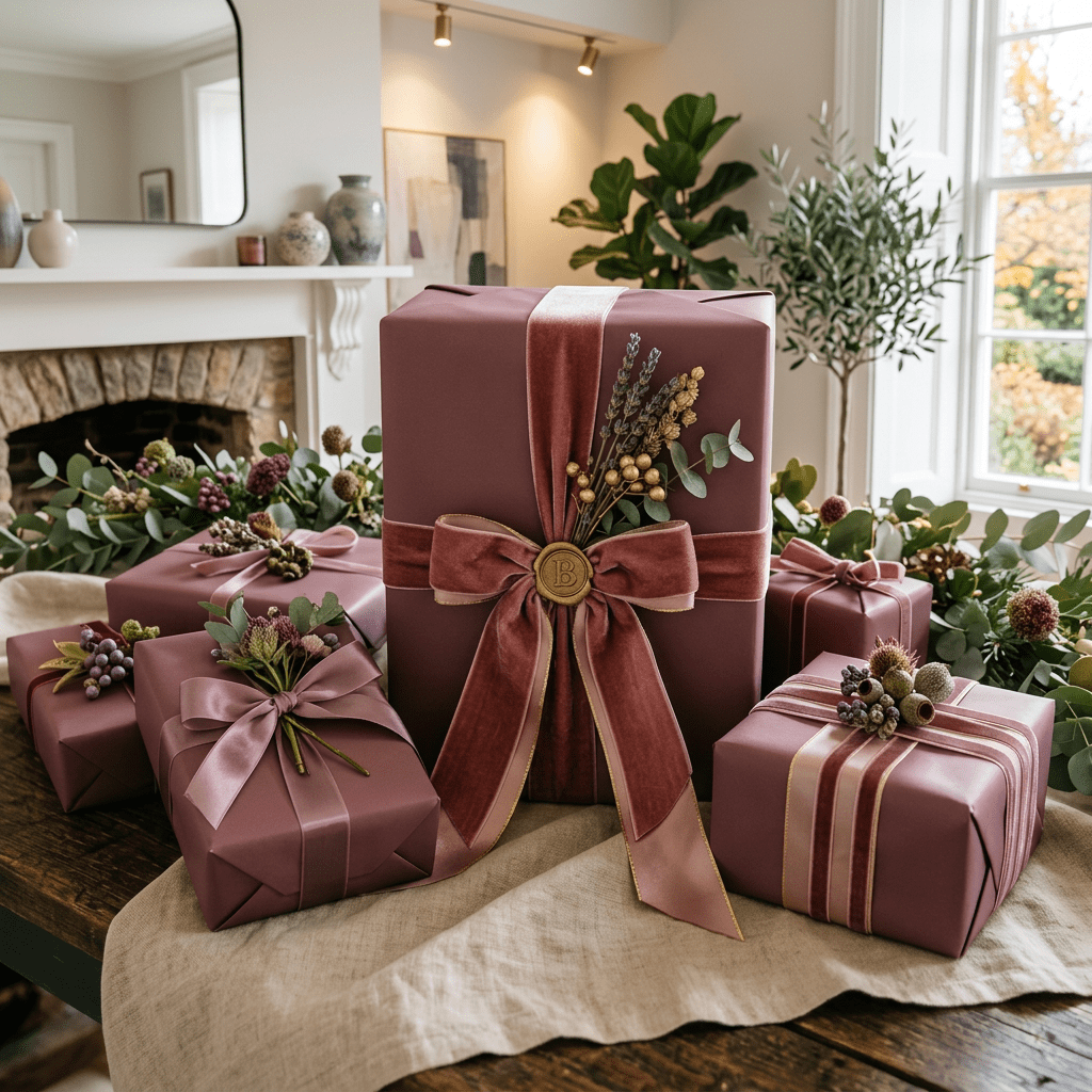 Christmas presents wrapped in mauve paper with velvet ribbons and festive decorations