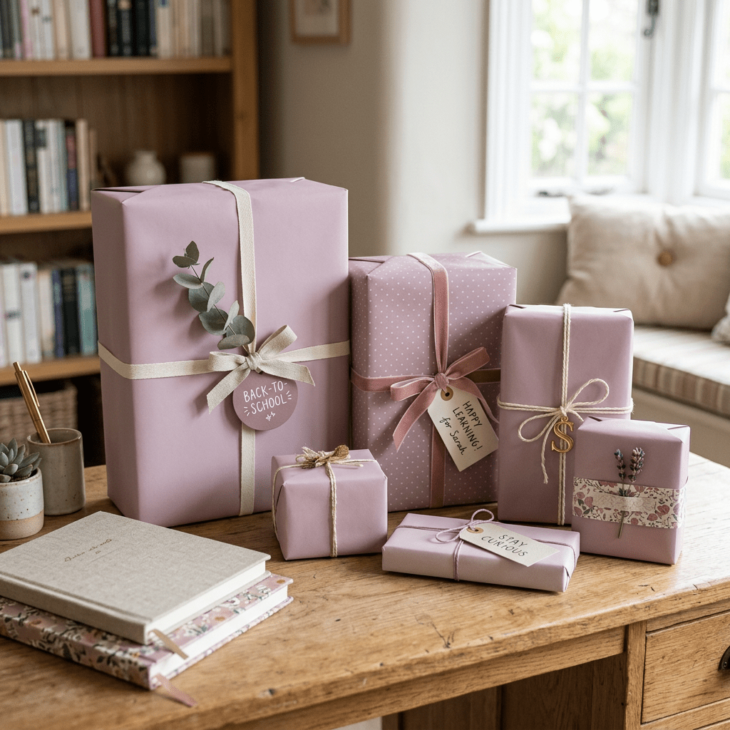 Various pastel purple wrapped gifts with gift tags and ribbons arranged on a wooden table