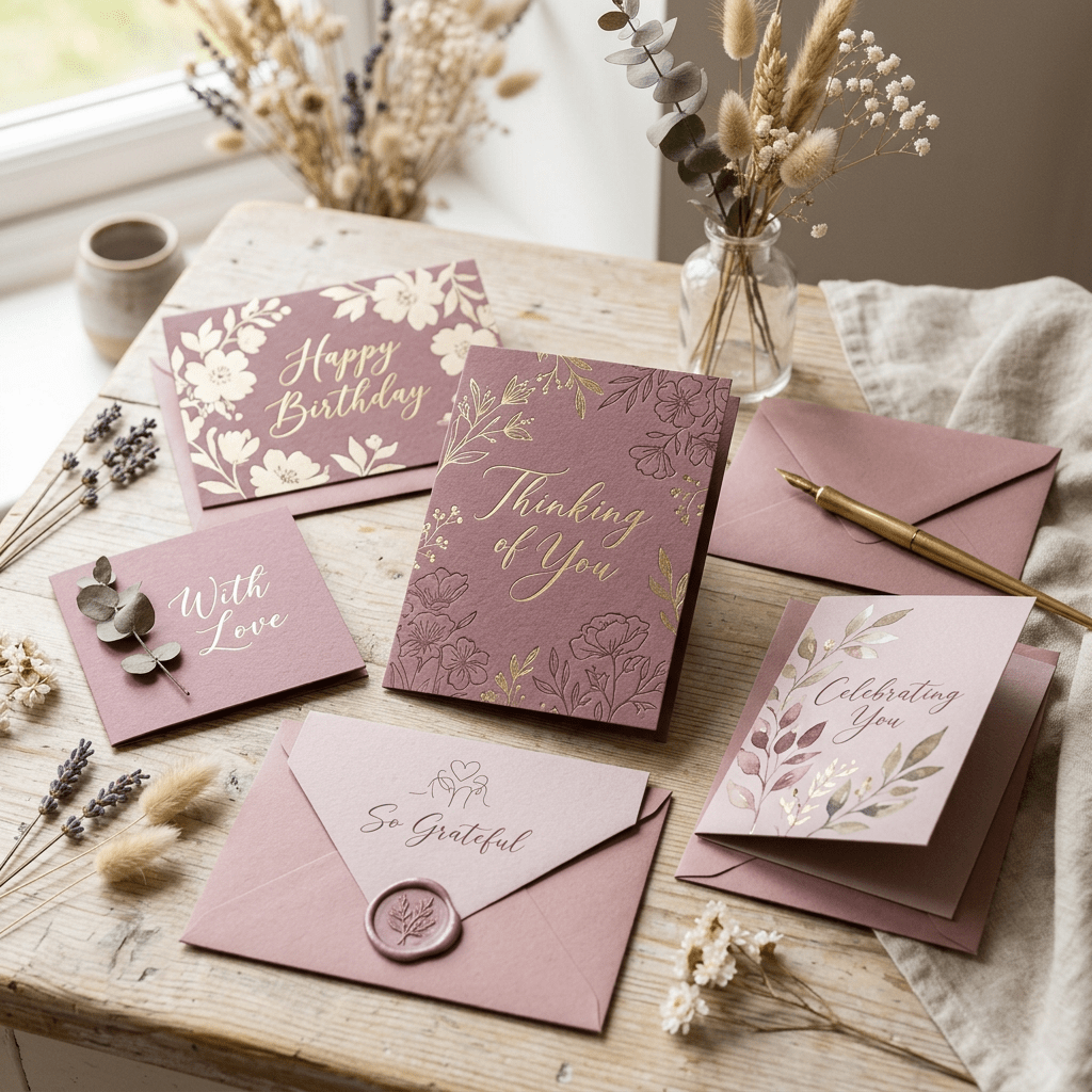 Mauve greeting cards including Happy Birthday, Thinking of You, With Love, So Grateful, and Celebrating You, with dried flowers and a gold pen