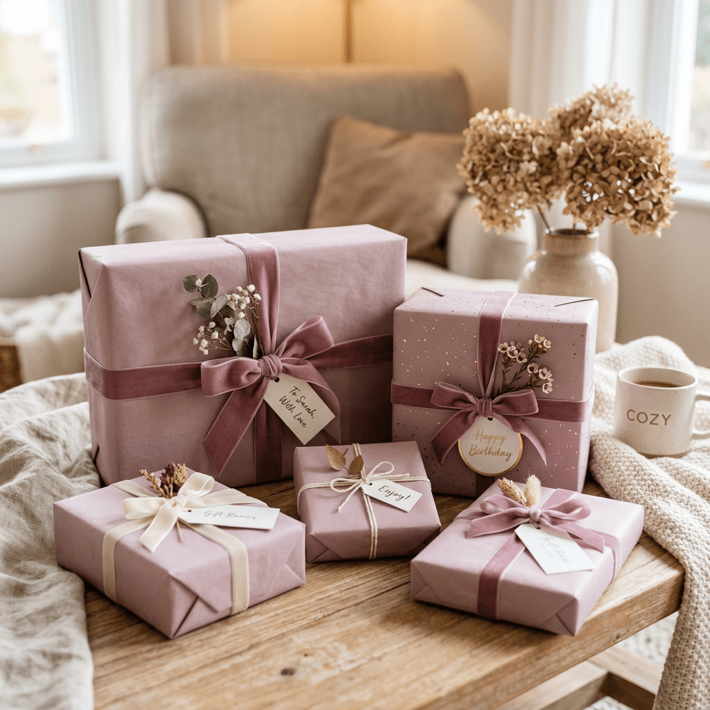 Five pastel pink gift boxes with ribbons and dried flowers arranged on a wooden table