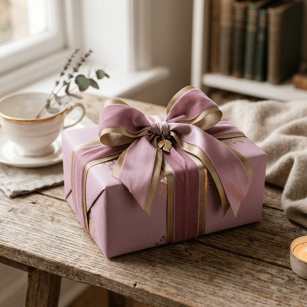 Purple wrapped gift box with gold-edged velvet ribbon bow on wooden table