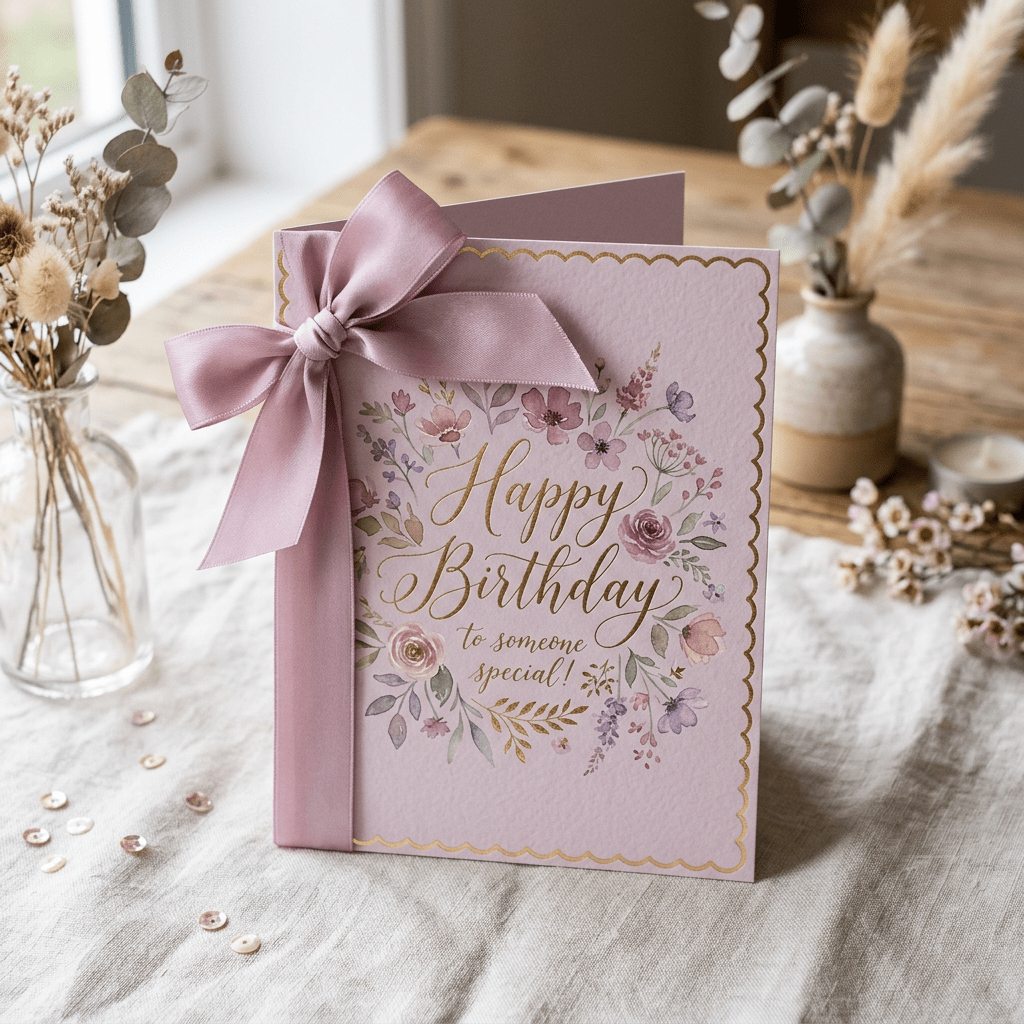Birthday card with pink ribbon and floral wreath saying Happy Birthday to someone special