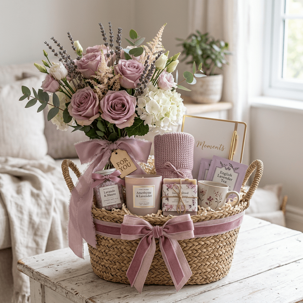 Gift basket containing lavender roses, candles, tea, soap, a notebook, and a blanket with lavender ribbon