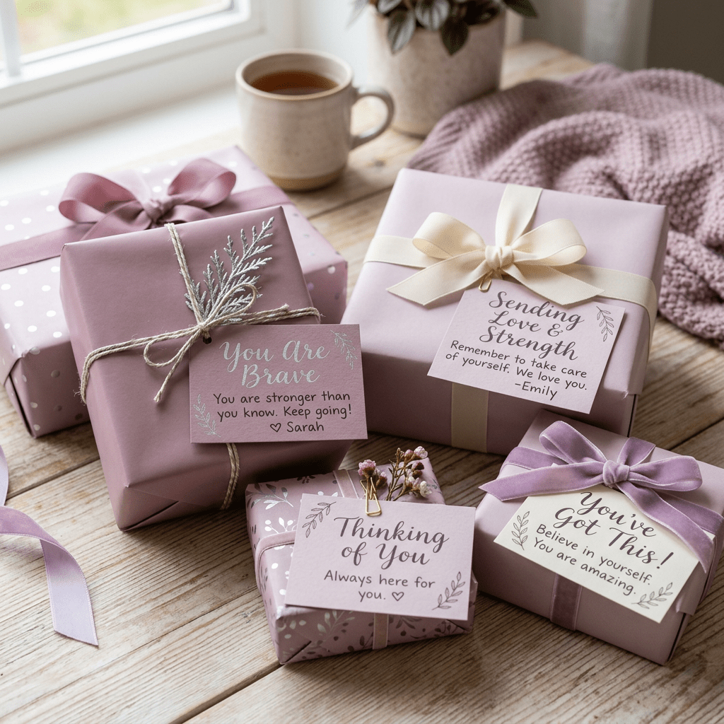 Pastel mauve supportive themed wrapped gifts with notes