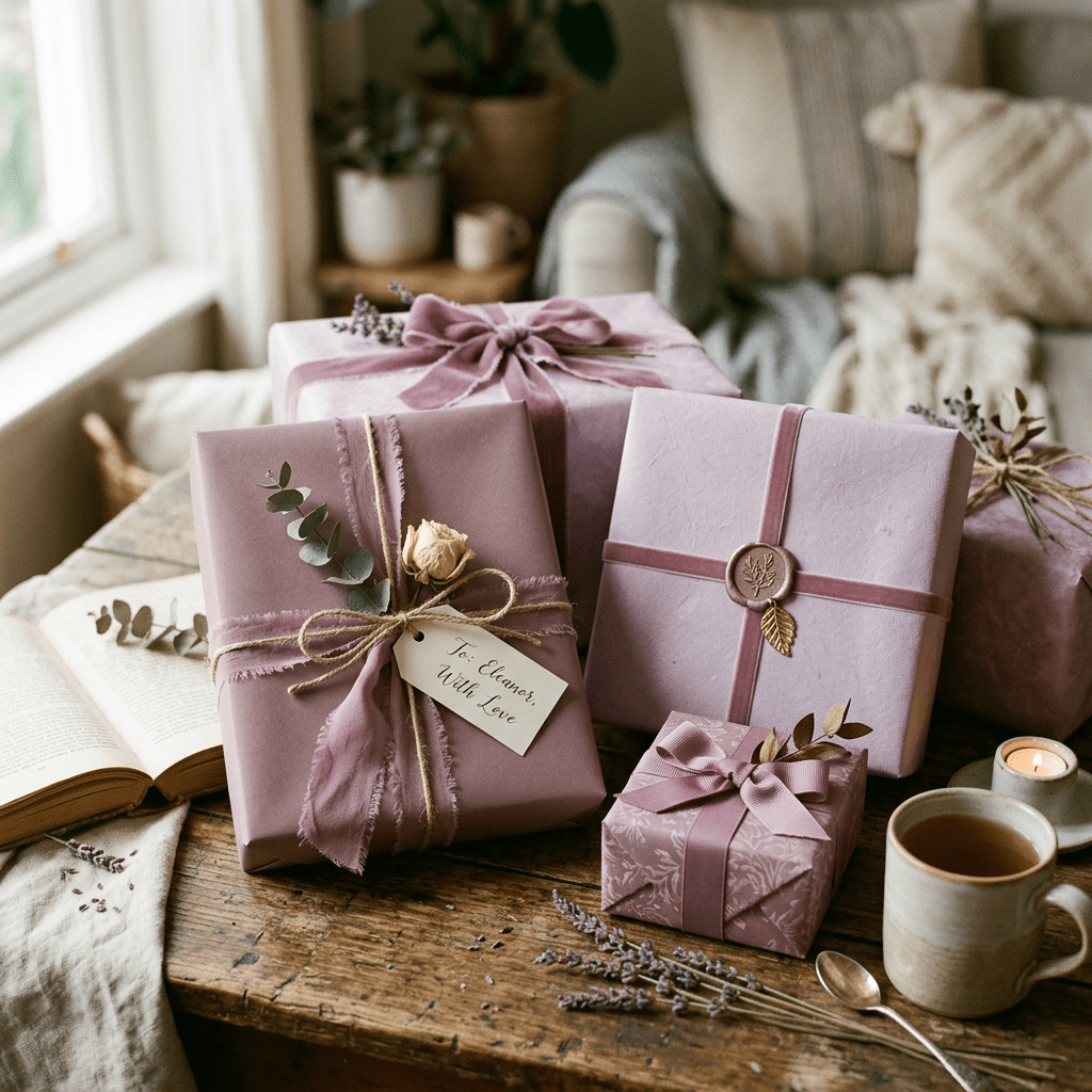 Four mauve-wrapped gifts decorated with ribbons, dried flowers, and tags on a wooden table