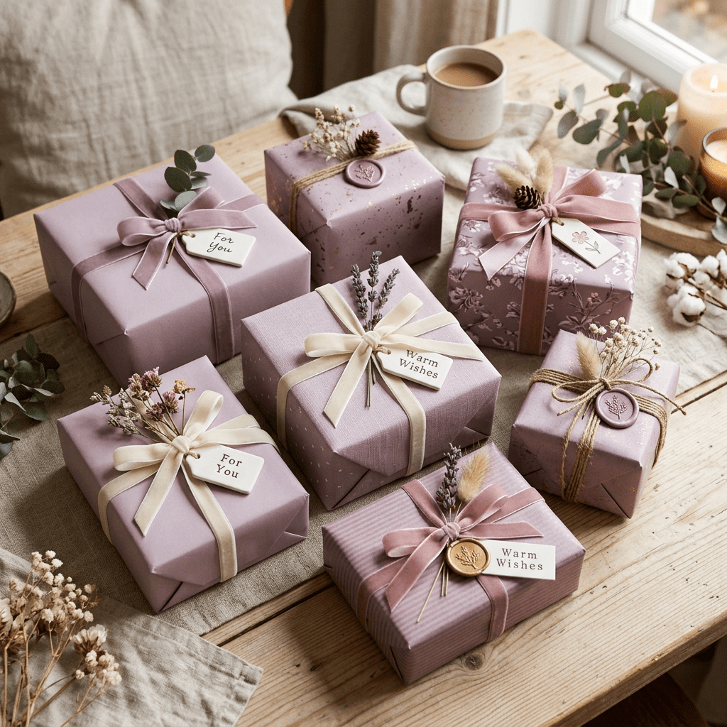 Several pastel purple and pink gift boxes decorated with ribbons, dried flowers, and handwritten tags