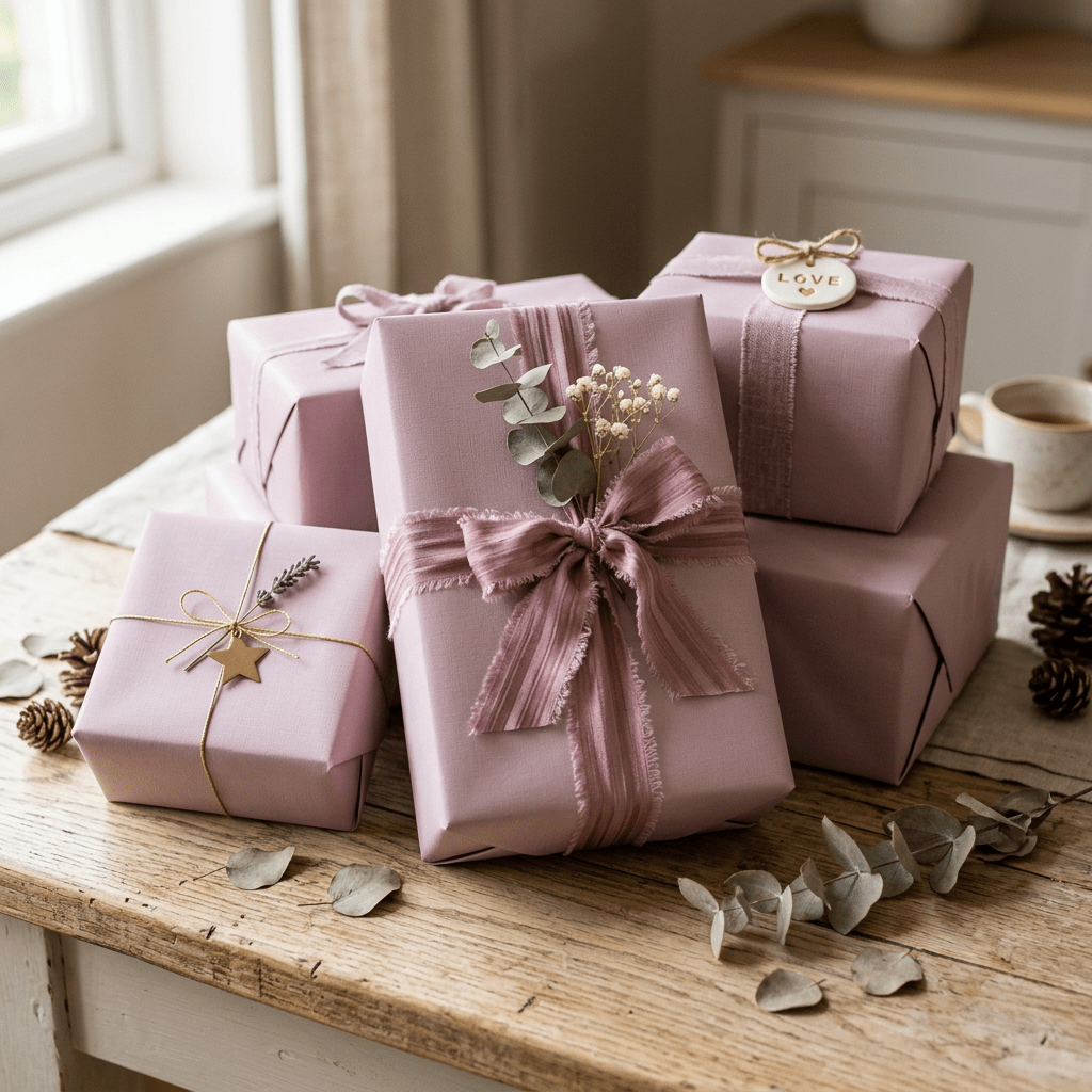 Pastel pink gift boxes decorated with ribbons, dried flowers, and a love tag
