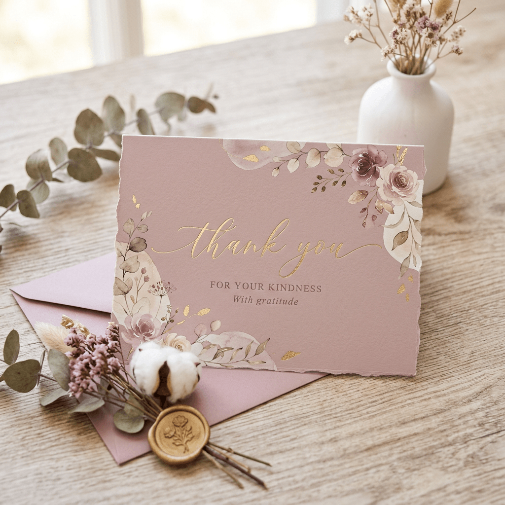 Thank you card with floral decorations and gold text saying 'thank you for your kindness with gratitude'