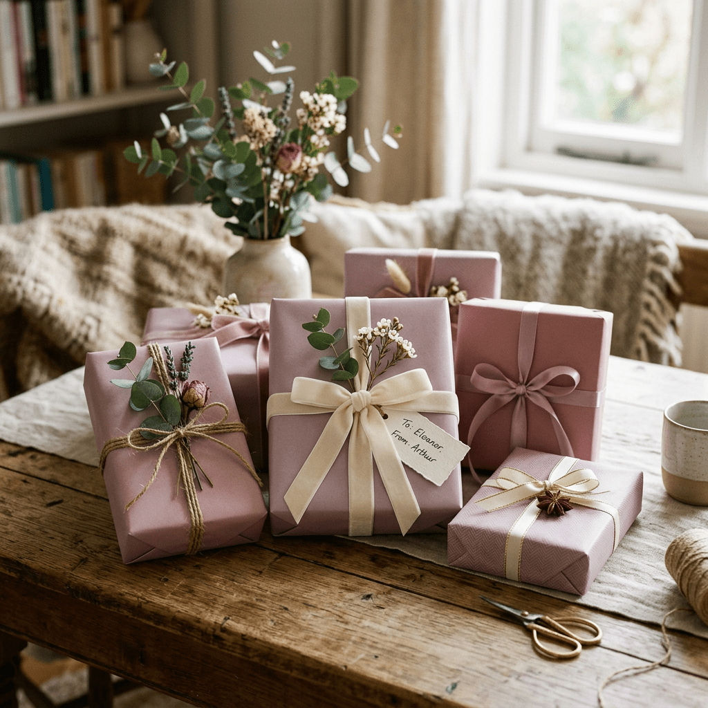 Multiple pastel pink wrapped gifts with ribbons and dried flowers on wooden table