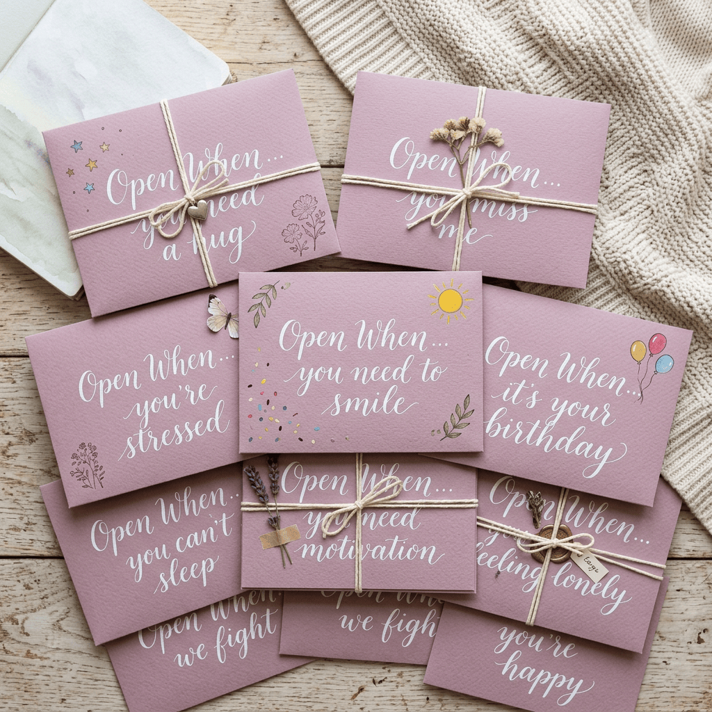 Pink cards reading “Open When... you need a hug,” “you miss me,” “you’re stressed,” “you need to smile,” “it’s your birthday,” “you can’t sleep,” “you need motivation,” “you’re feeling lonely,” “we fight,” and “you’re happy.”