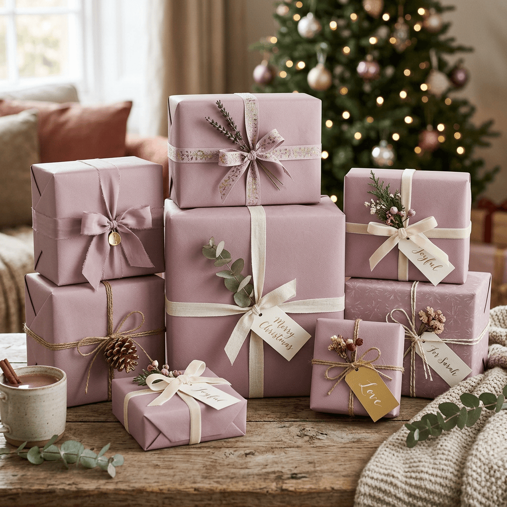 Pink Christmas gifts arranged before a decorated Christmas tree