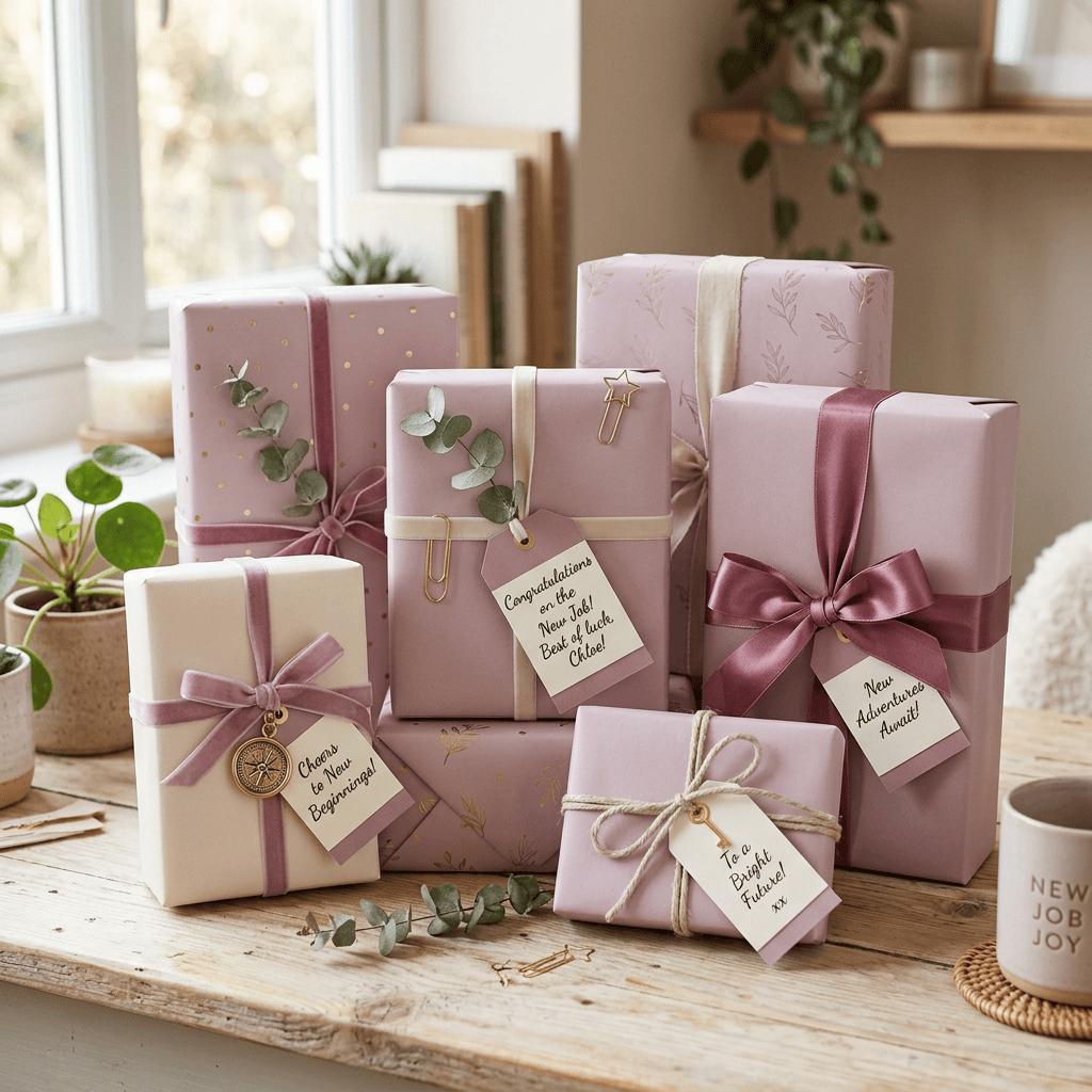 Aesthetically wrapped gifts in pastel mauve