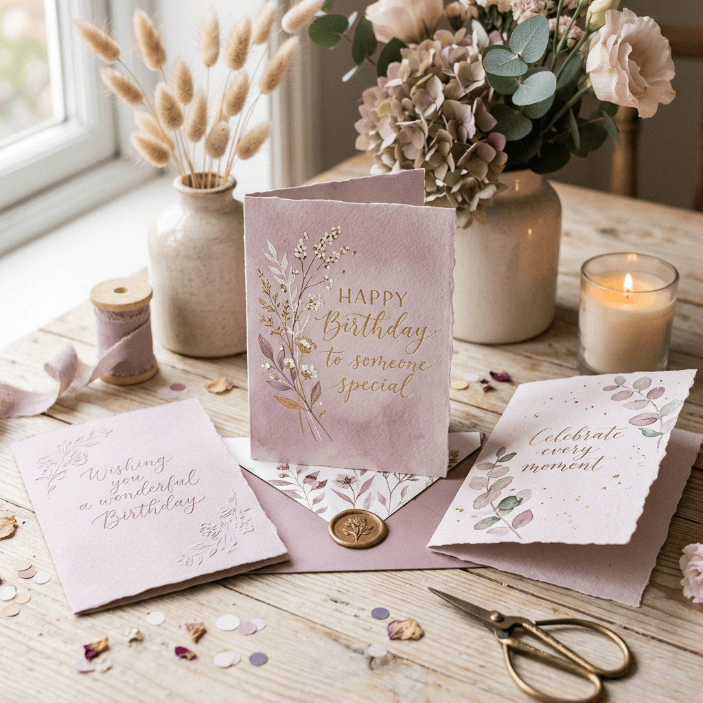 Pastel birthday cards reading “Happy Birthday to someone special” and “Celebrate every moment”