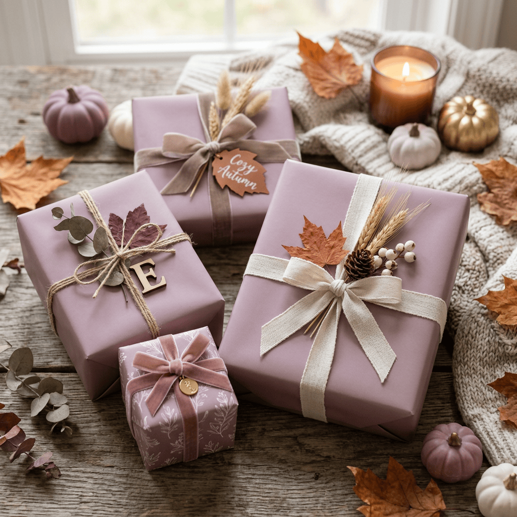 Wrapped autumn gifts labeled “Cozy Autumn” and “E” among pumpkins