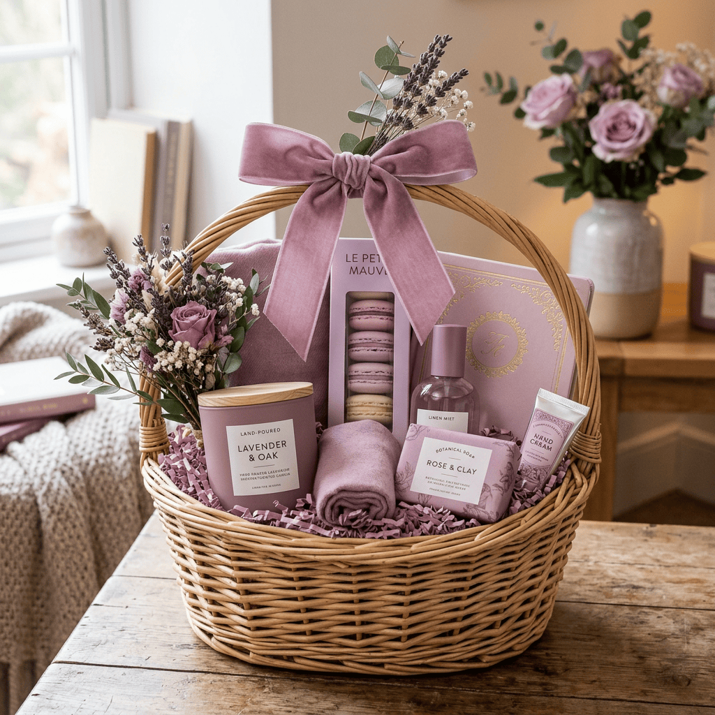 Mauve gift basket labeled Lavender & Oak and Rose & Clay, with macarons, lotion, soap, flowers, and ribbon