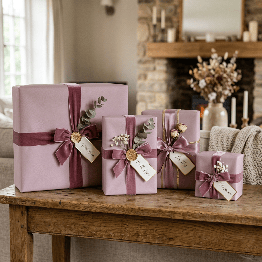 Four pink wrapped gifts with ribbons, greenery, flowers, and handwritten tags