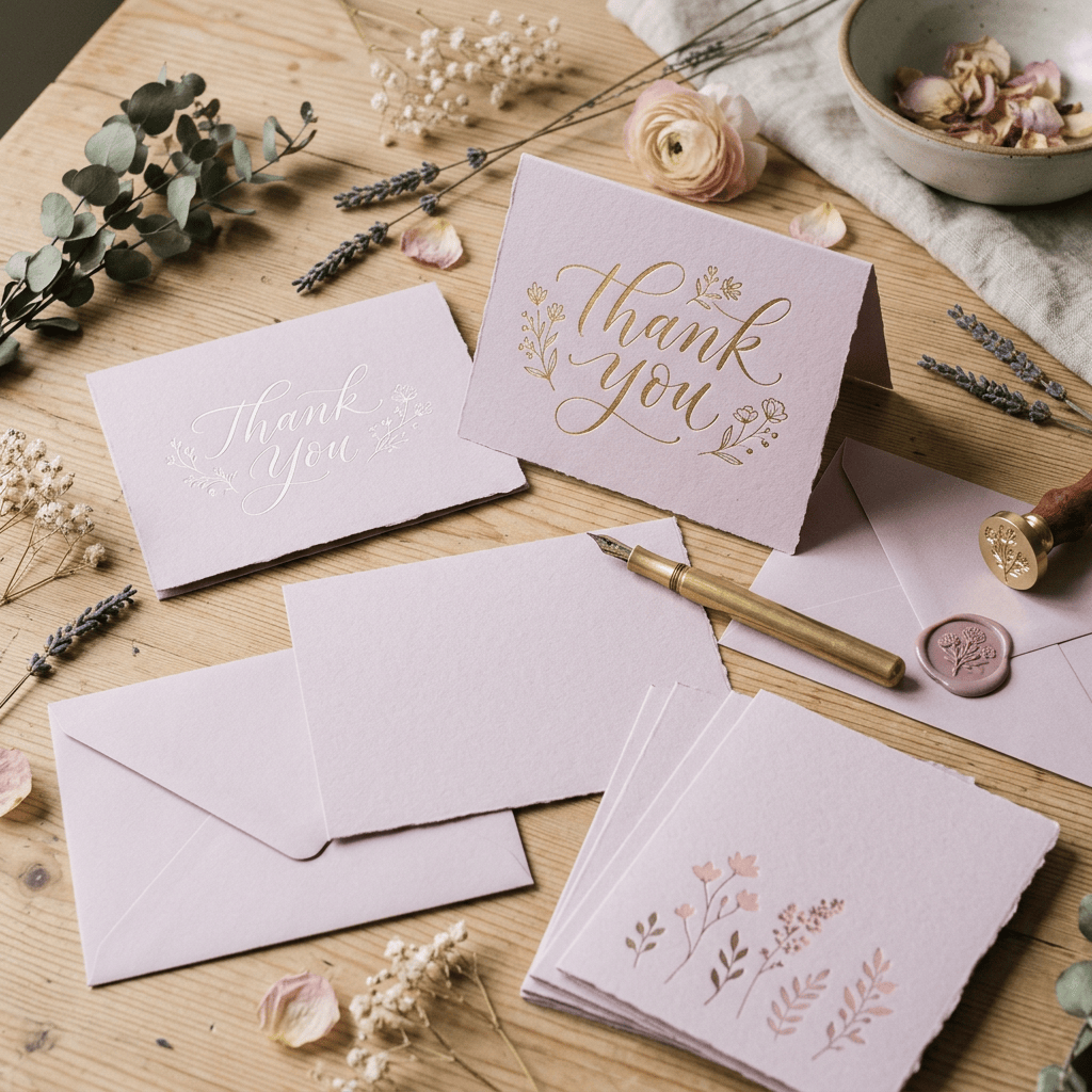 Lavender thank-you cards, envelopes, flowers, pen, and wax seals on a wooden table