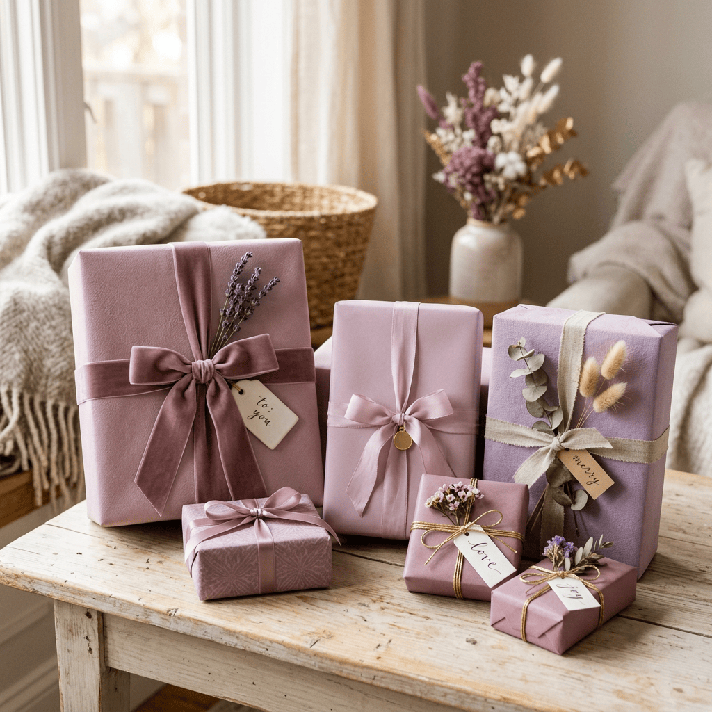 Pastel gift boxes decorated with ribbons, flowers, and handwritten tags