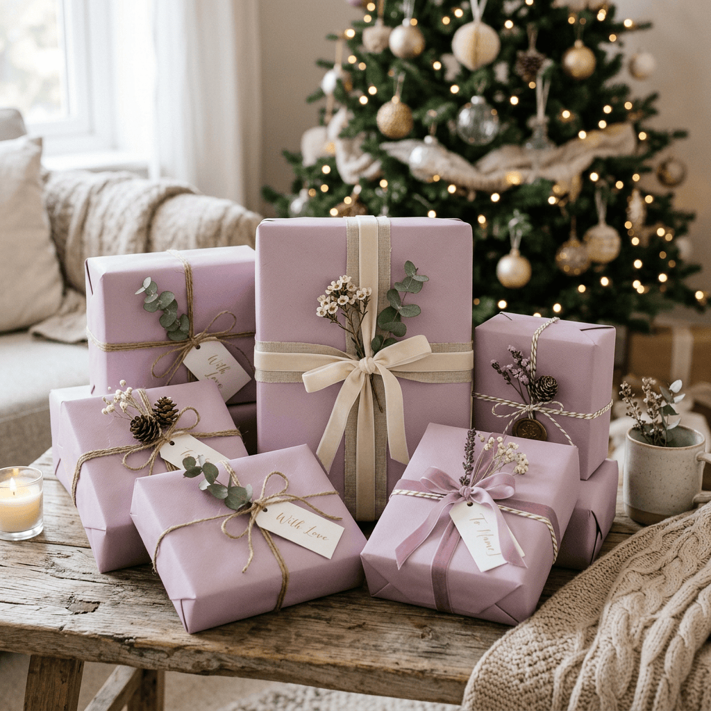 Lavender-wrapped Christmas gifts arranged beneath a decorated tree