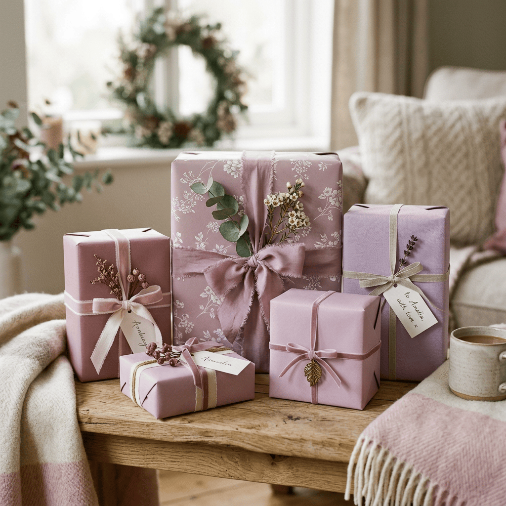 Decorated pink gifts labeled “Amelia,” “Annabelle,” and “to Amelia, with love”