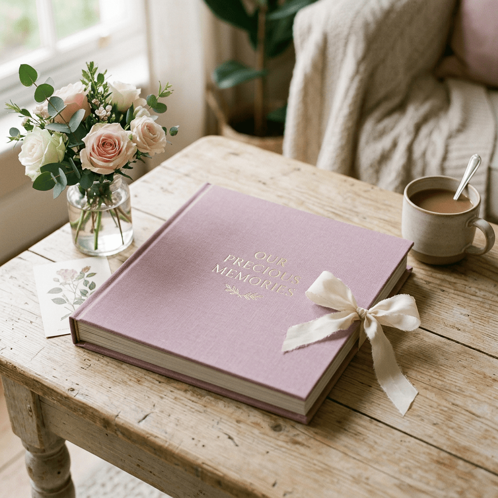 Ribbon-tied album labeled “OUR PRECIOUS MEMORIES” beside flowers and coffee