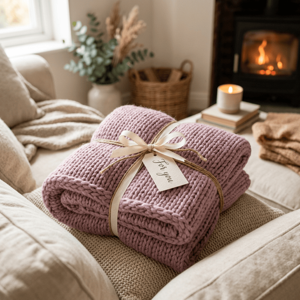 Lavender knitted blankets tied with ribbon and a For you tag