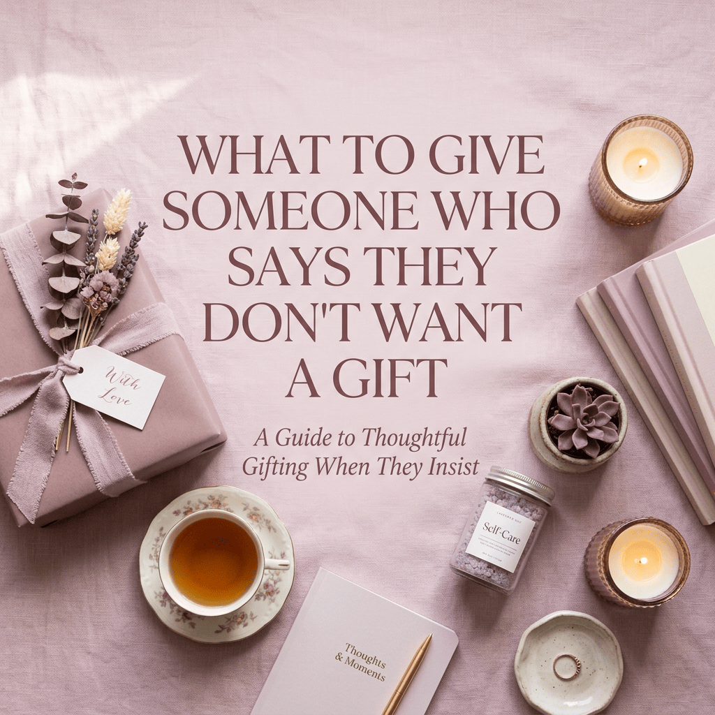 Text reads: WHAT TO GIVE SOMEONE WHO SAYS THEY DON'T WANT A GIFT; A Guide to Thoughtful Gifting When They Insist; With Love; Self-Care; Thoughts & Moments.