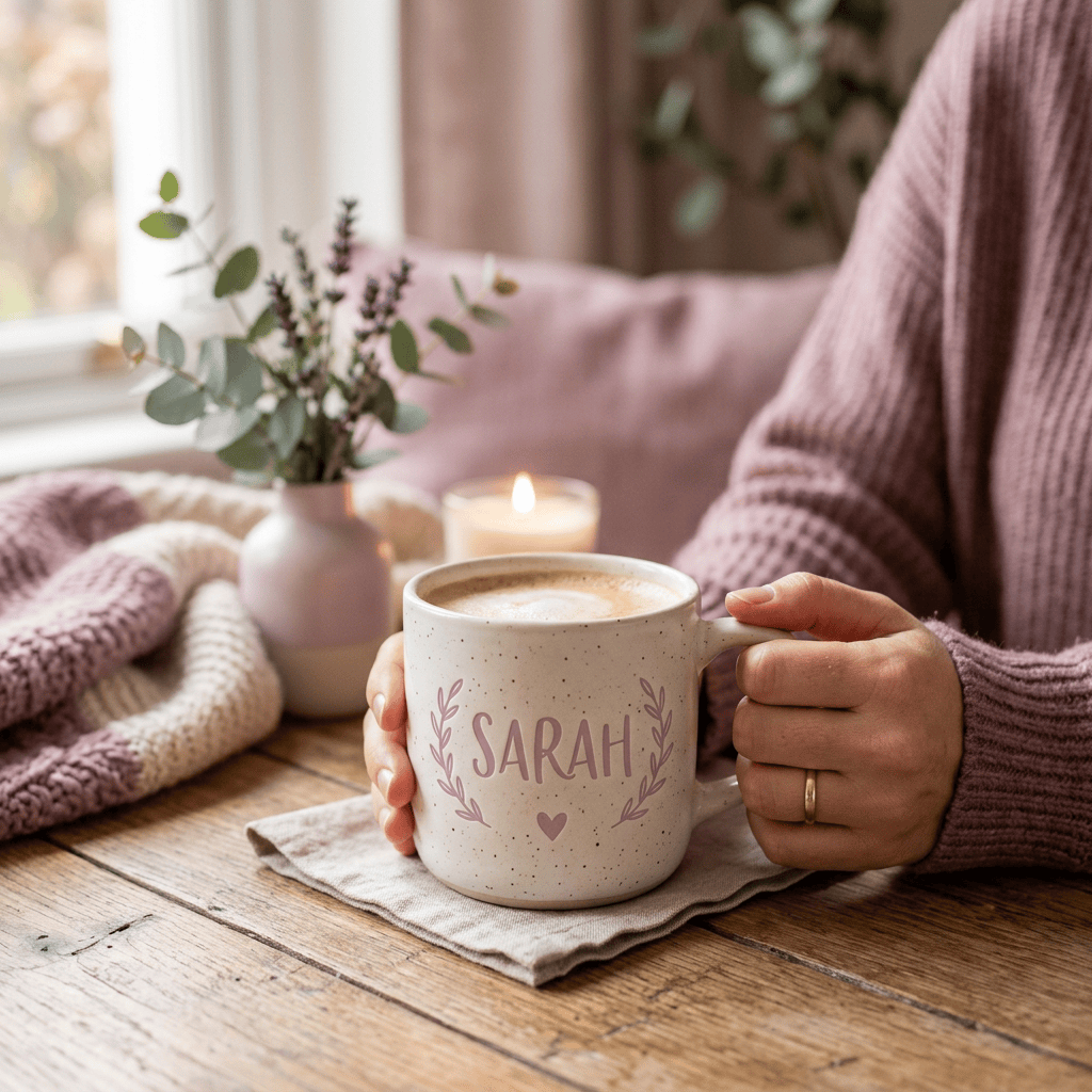 Hands holding a latte in a mug labeled SARAH beside a candle