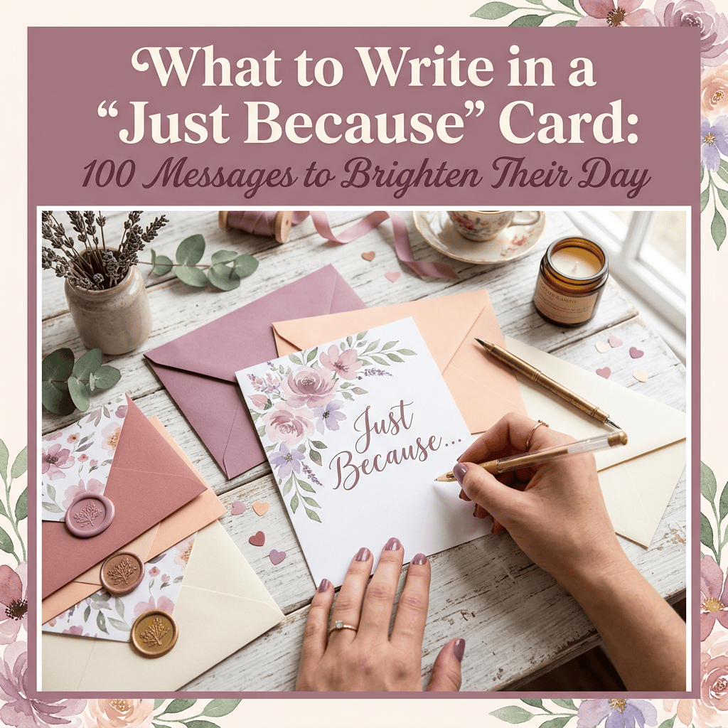 Text reads “What to Write in a ‘Just Because’ Card: 100 Messages to Brighten Their Day”; hands write “Just Because...” on a floral card beside envelopes.