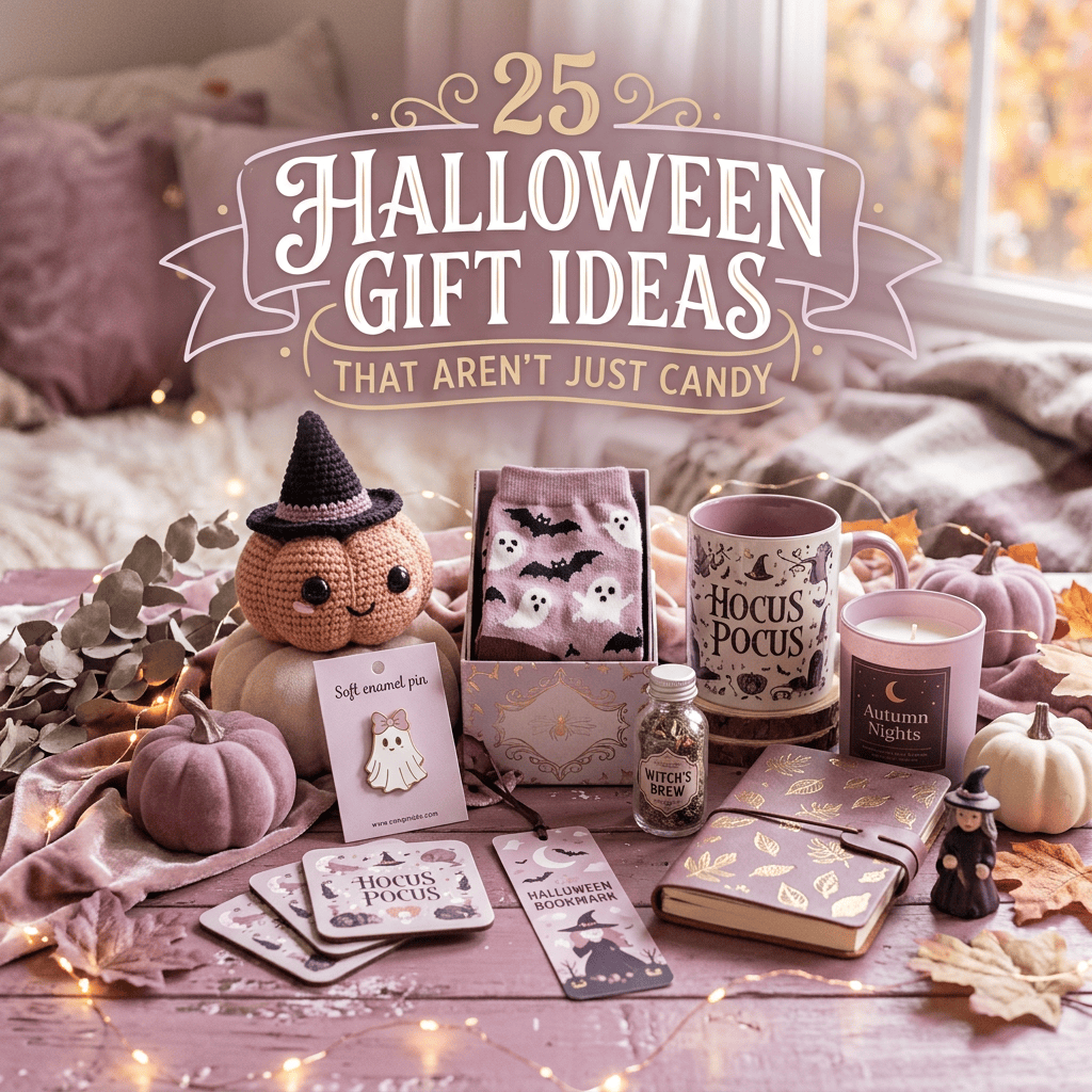Halloween gift display with pumpkin plush, mug, socks, candles, cards, and books