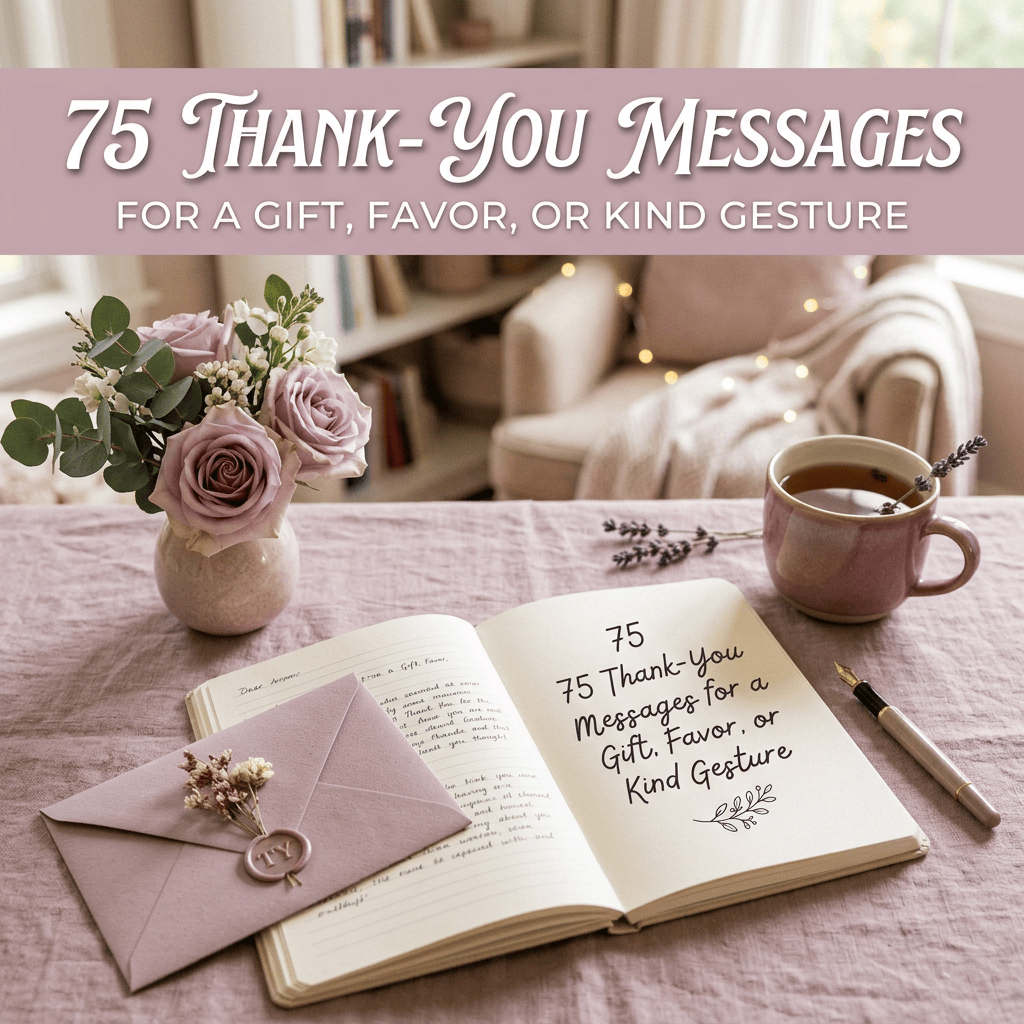 Text reads “75 Thank-You Messages” and “FOR A GIFT, FAVOR, OR KIND GESTURE,” with an open message book, flowers, envelope, tea, and pen.