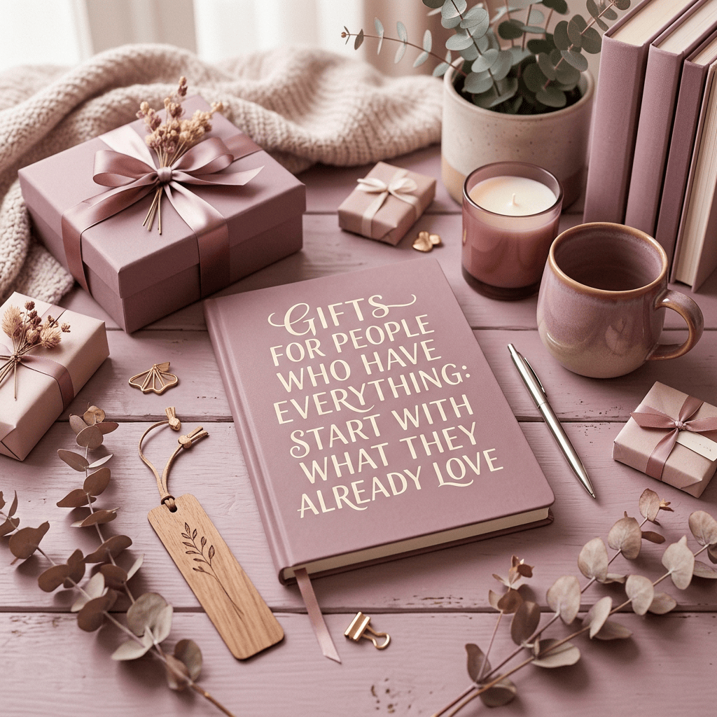 Book reads “GIFTS FOR PEOPLE WHO HAVE EVERYTHING: START WITH WHAT THEY ALREADY LOVE,” surrounded by wrapped gifts.