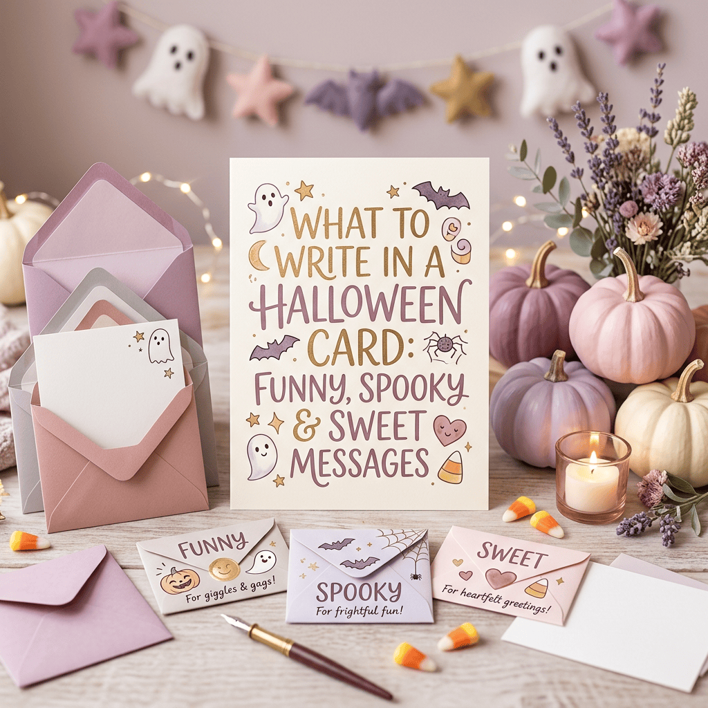 Halloween card display reading “WHAT TO WRITE IN A HALLOWEEN CARD: FUNNY, SPOOKY & SWEET MESSAGES,” with envelopes labeled “FUNNY,” “SPOOKY,” and “SWEET.”