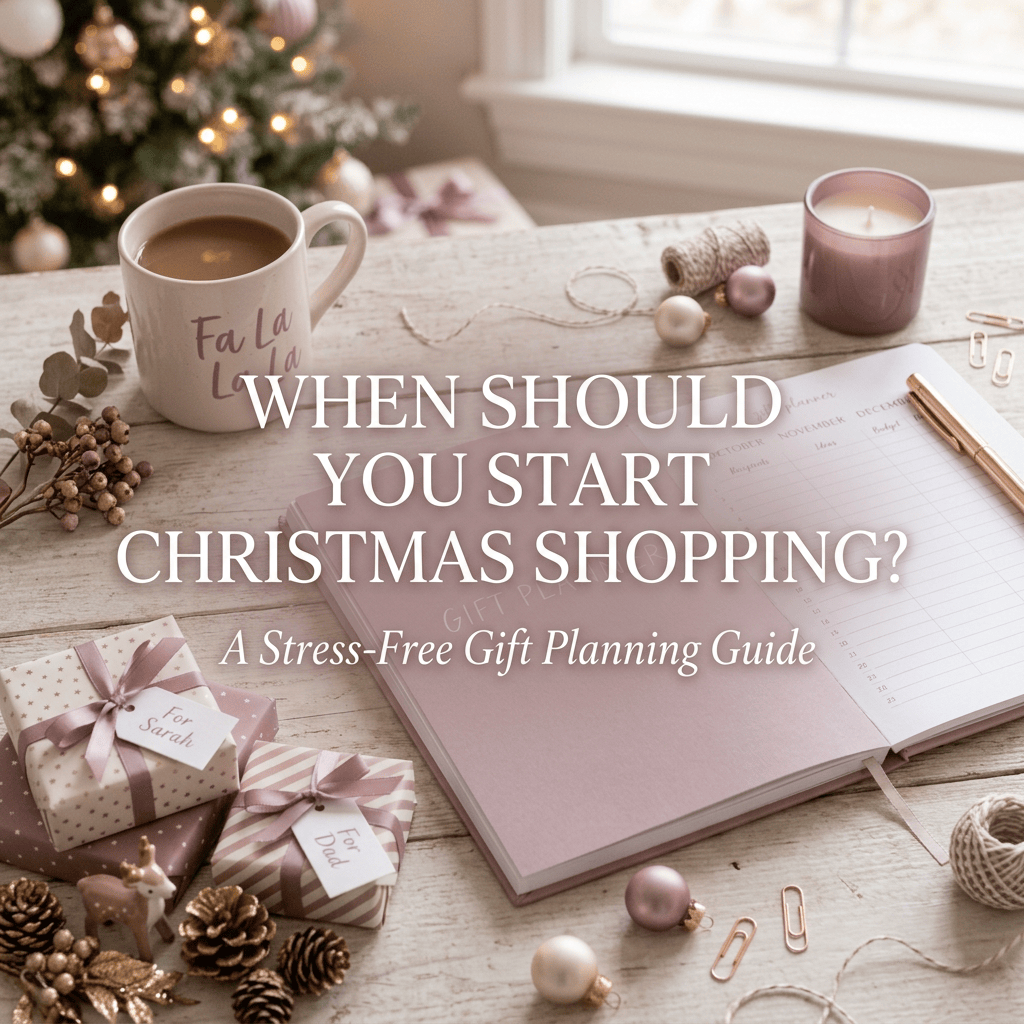 Text reads “WHEN SHOULD YOU START CHRISTMAS SHOPPING? A Stress-Free Gift Planning Guide,” beside a holiday gift planner, presents, coffee, candle, and decorations.